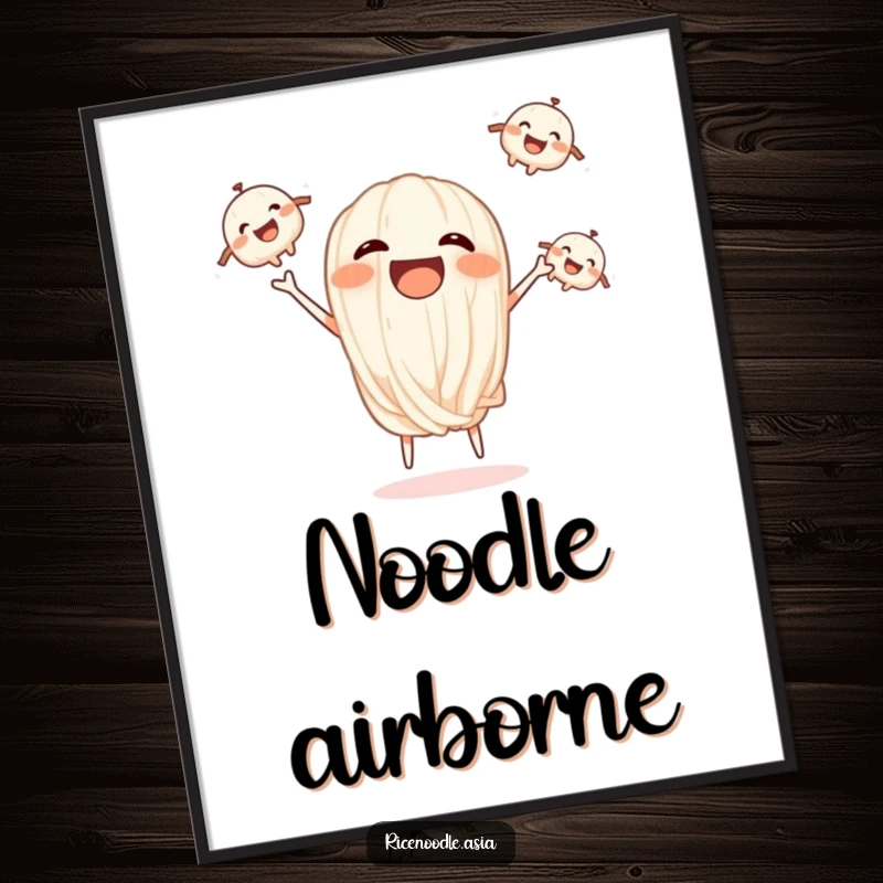 Funny poster of a laughing rice noodle expertly juggling three smaller, cheerful noodle friends.