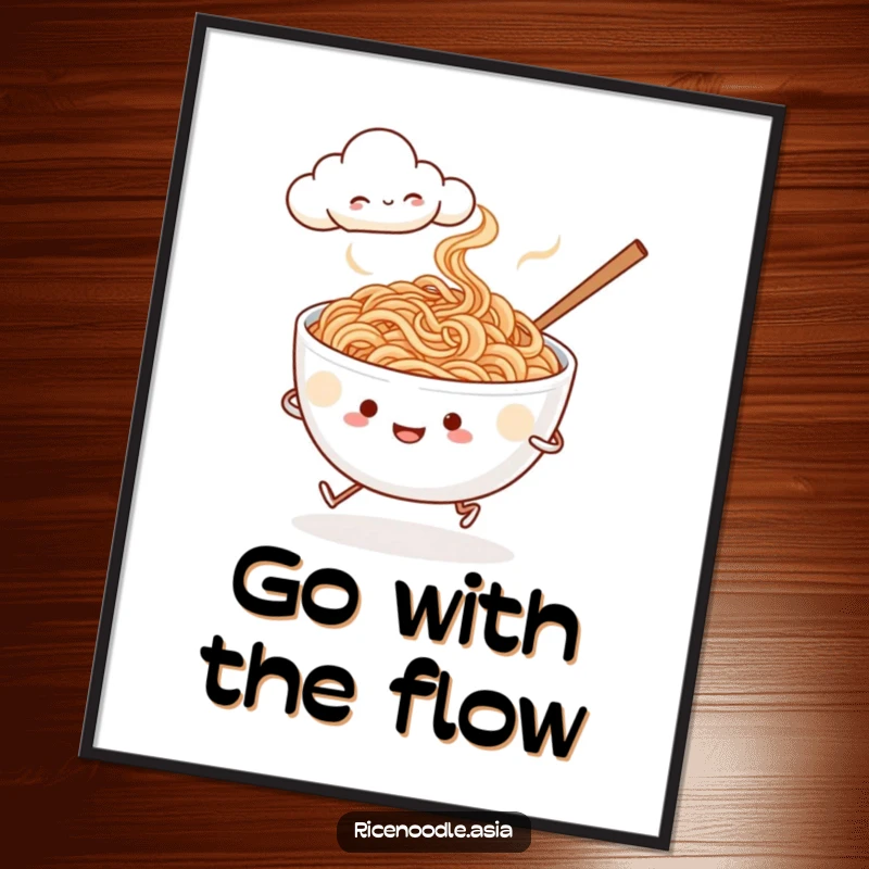 Funny noodle jogger poster, whimsical food art of a steaming rice noodle bowl with tiny legs running past a smiling cloud.