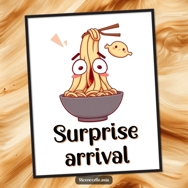Funny Poster: A noodle character with wide eyes, comically startled by a flying dumpling, a humorous wall art piece.