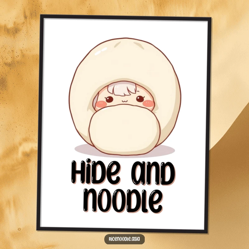 Funny poster of a shy rice noodle with rosy cheeks peeking curiously from behind a plump dumpling.