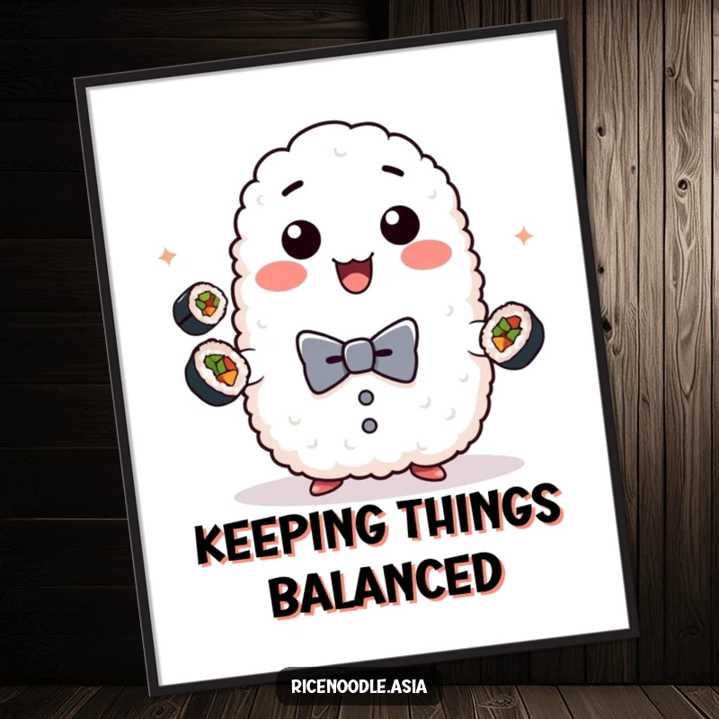 Funny sushi juggling rice poster, illustration of a playful sticky rice ball wearing a bow tie, juggling mini sushi rolls.