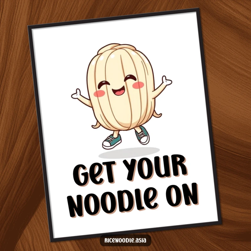 Funny Udon Noodle Poster showcasing a bouncing cartoon noodle wearing tiny shoes and a silly grin, adding a touch of humor to any room.