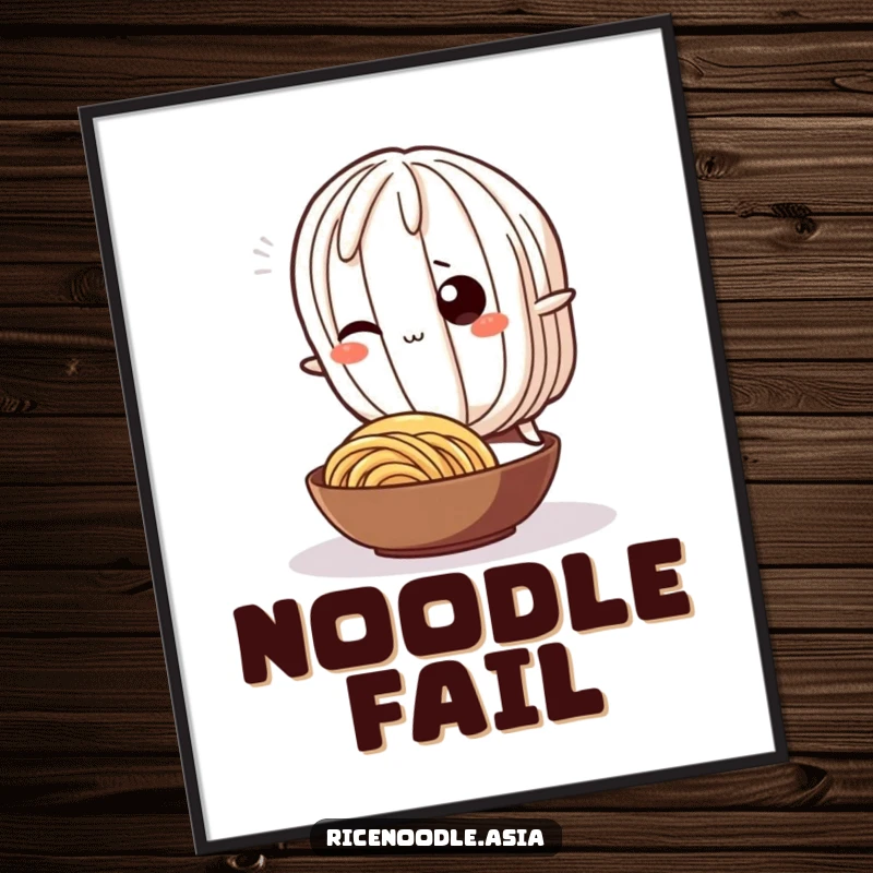 Funny Poster: A wiggling rice noodle character playfully tripping over a smaller noodle, a humorous wall art piece.