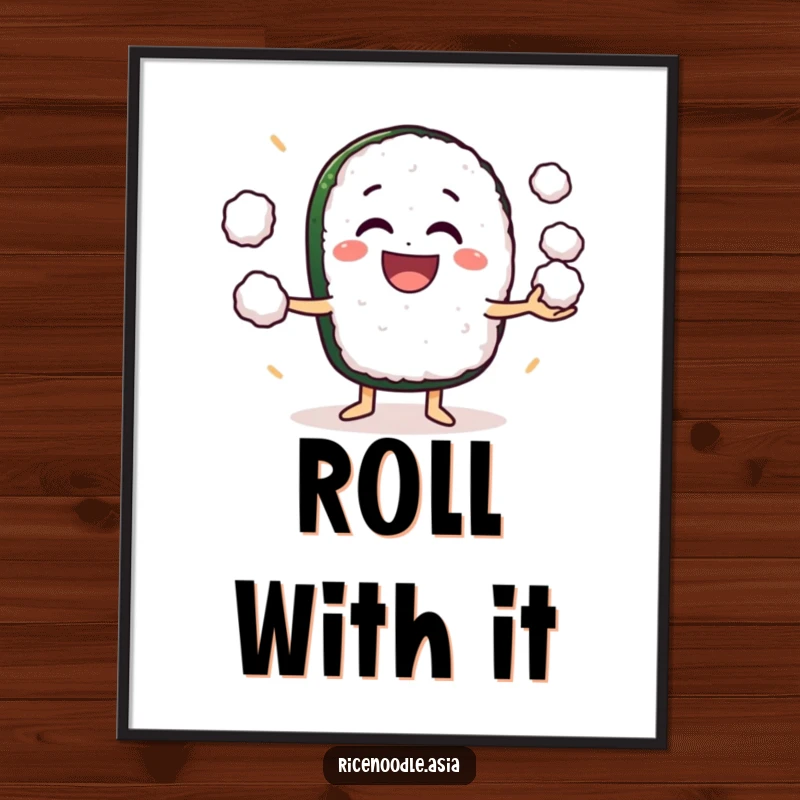 Funny Poster: A grinning sushi roll character energetically juggling small rice balls, a vibrant and humorous art piece.