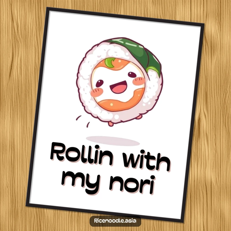 Funny Sushi Roll Poster showcasing a happily wiggling sushi roll doing a cartwheel with its nori, vibrant and humorous artwork.