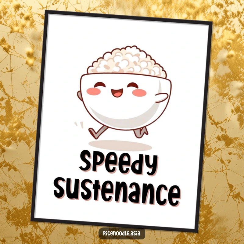 Funny Sprinting Rice Bowl Poster: A smiling rice bowl with legs sprints, trailing steam, a funny and energetic art print.