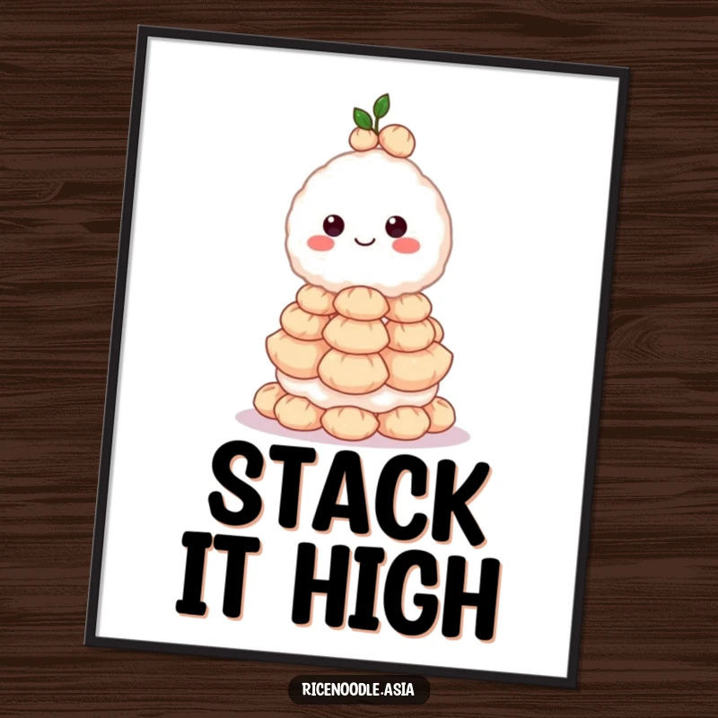 Funny poster art of a grinning rice ball character expertly balancing an immense stack of dumplings, looking supremely confident.