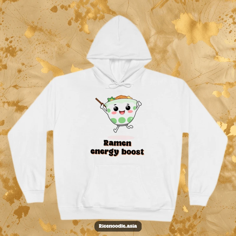 Funny hoodie with a happy ramen bowl character depicted mid-skip, its chopstick arms flailing joyfully, embodying pure fun.