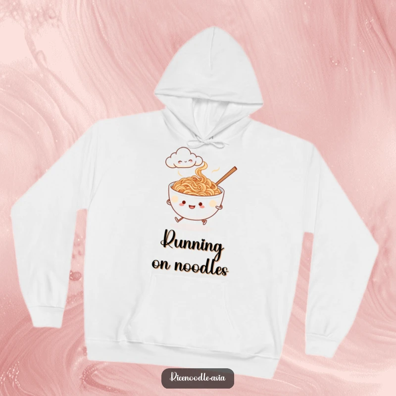 Funny noodle jogger hoodie, soft and warm, featuring a steaming bowl of rice noodles with tiny legs running past a smiling cloud.
