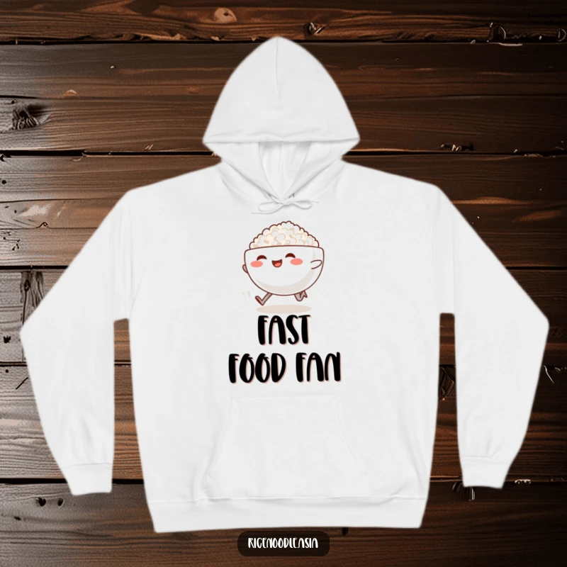 Funny Sprinting Rice Bowl Hoodie: A happy rice bowl with legs sprints, trailing steam, a funny and cozy hoodie.