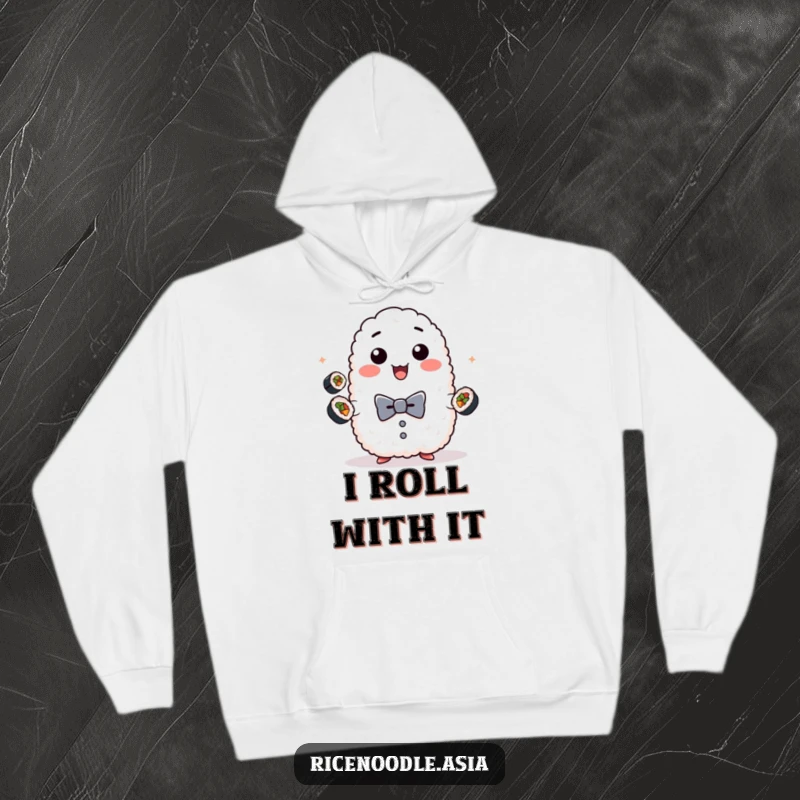 Funny sushi rice hoodie, soft and warm, depicting a playful lump of sticky rice in a bow tie juggling sushi.