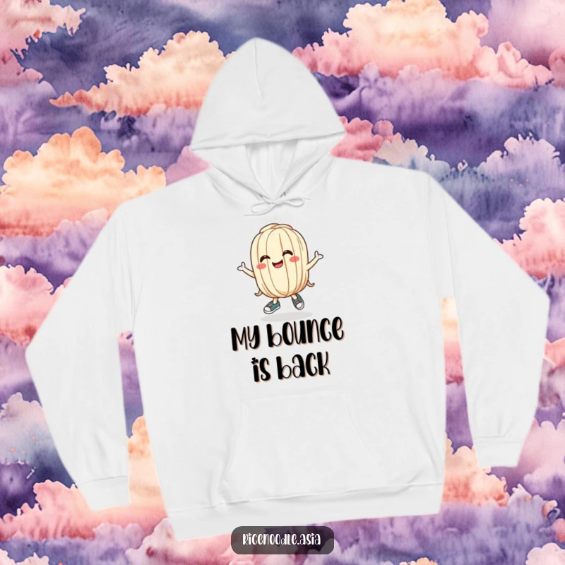 Funny Udon Noodle Hoodie featuring a bouncing cartoon noodle in tiny shoes with a silly grin, designed for ultimate comfort and humor.