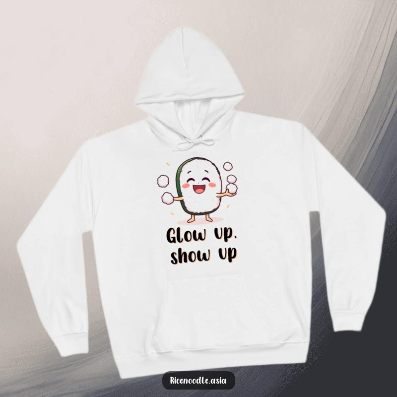 Funny Hoodie: A grinning sushi roll character juggling small rice balls with infectious excitement, designed for cozy fun.