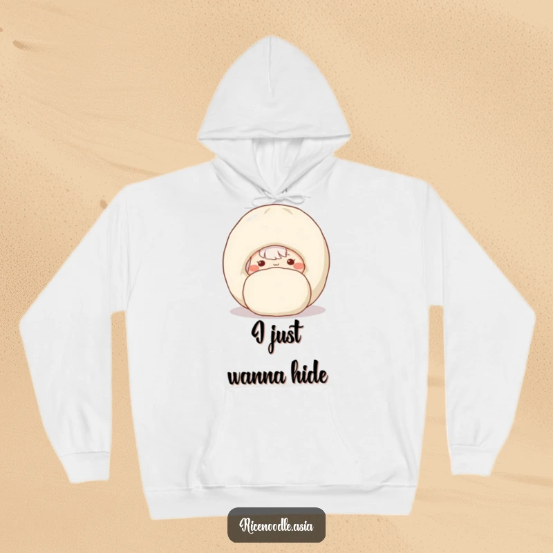 Funny hoodie illustration of a shy rice noodle hiding behind a friendly dumpling with blush.