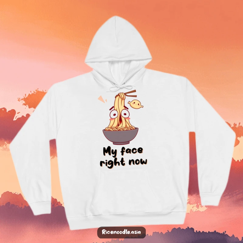 Funny Hoodie: A noodle character with wide eyes, comically startled by a flying dumpling, designed for cozy humor.