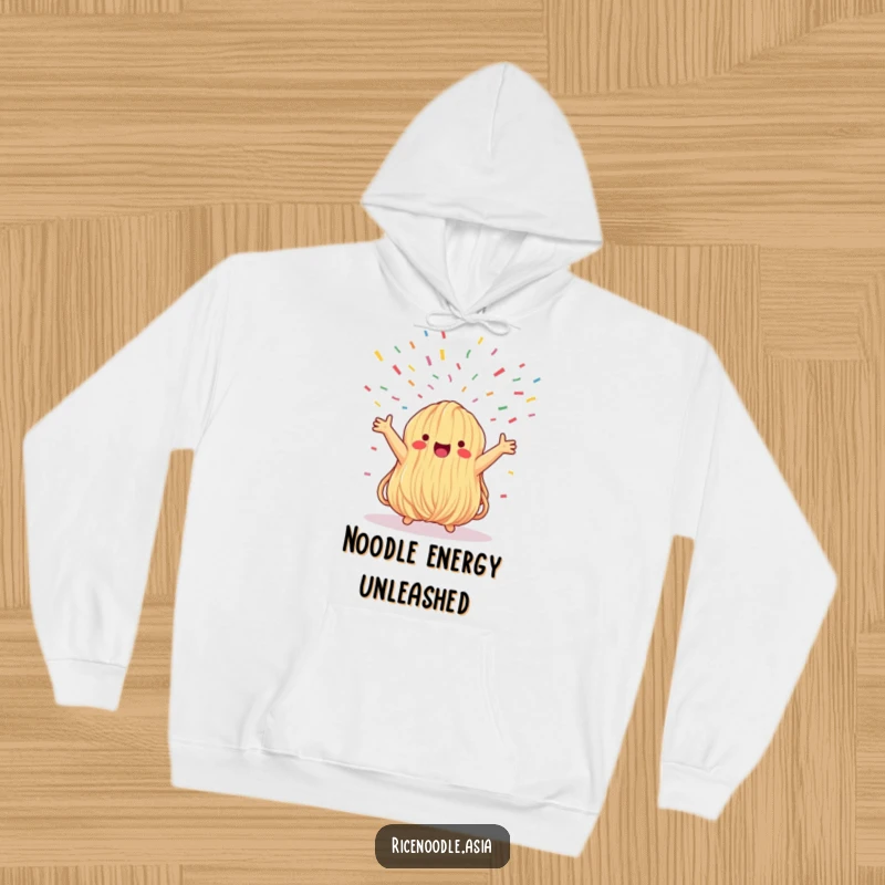 Funny hoodie depicting a whimsical noodle bundle joyfully reaching towards a cascade of confetti, embodying carefree celebration.