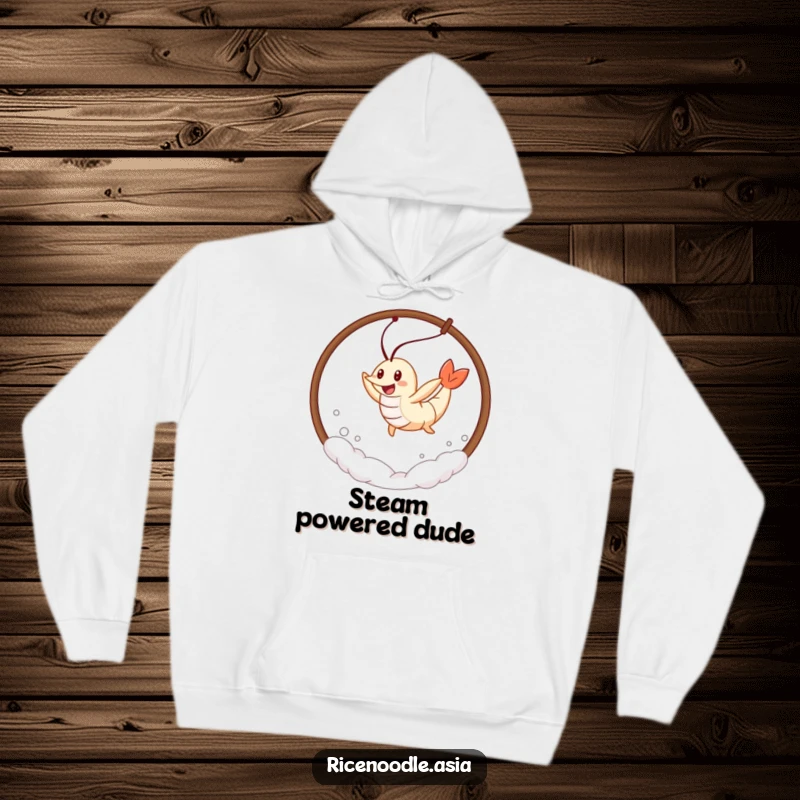 Funny Tempura Shrimp Hoodie with a cheerful tempura shrimp leaping through a hoop of steam, offering cozy comfort and humor.