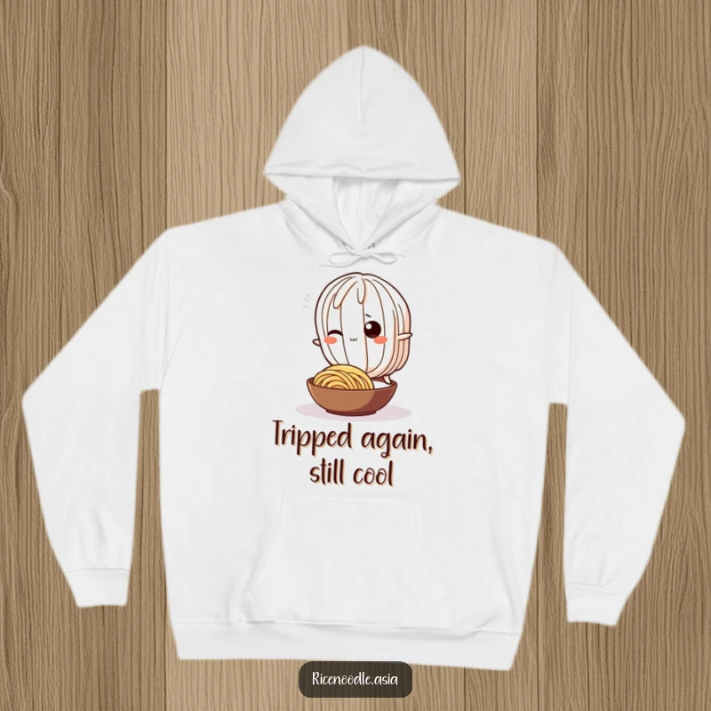Funny Hoodie: A cute wiggling rice noodle character playfully tripping over a smaller noodle, designed for cozy humor.
