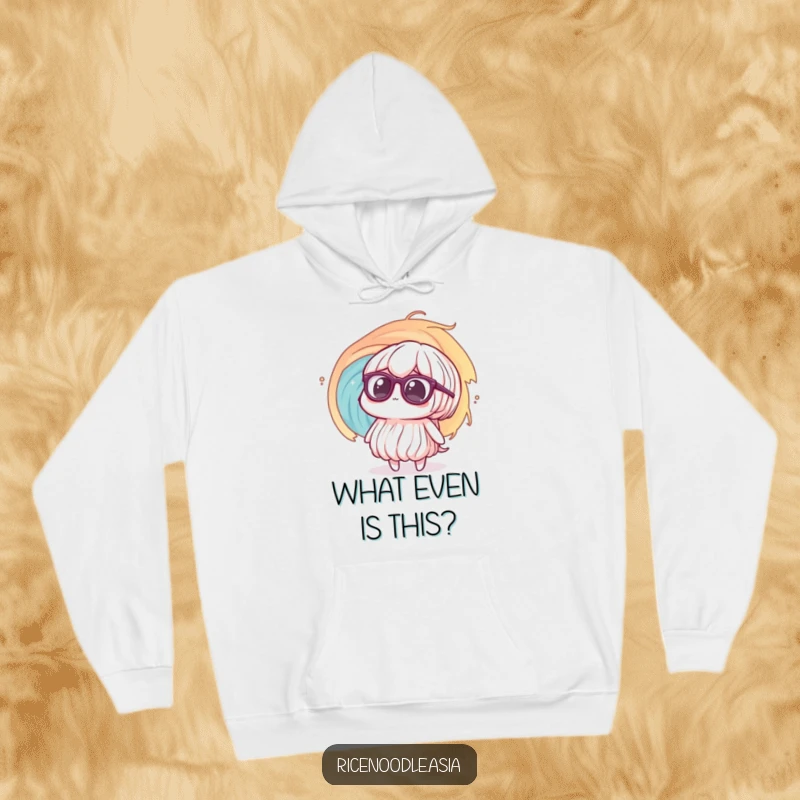 Funny Hoodie: A rice noodle with oversized glasses looks perplexed at a swirling vortex, offering cozy comfort for chaotic thoughts.