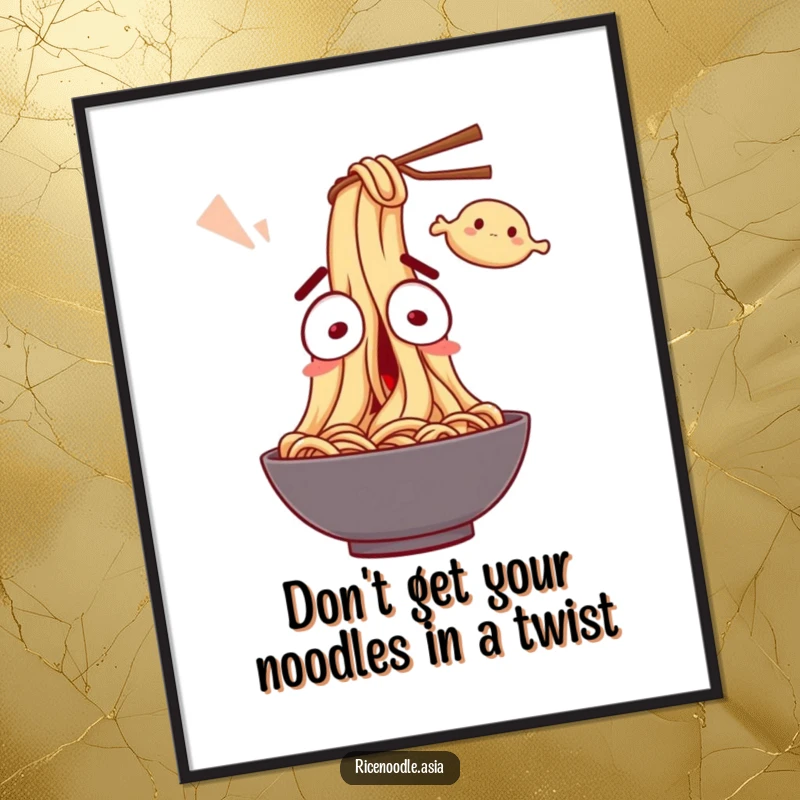 Funny Free Printable Wall Art: A noodle character with wide eyes looks surprised as a flying dumpling approaches in a comical scene.