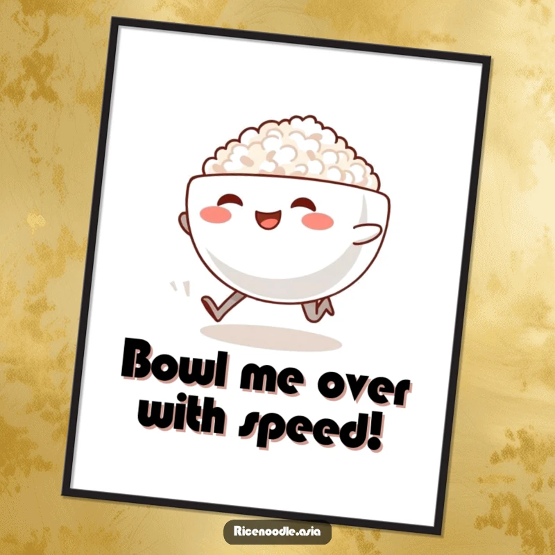 Funny Free Printable Running Rice Bowl Wall Art, a smiling rice bowl with legs sprinting happily, leaving a trail of steam.