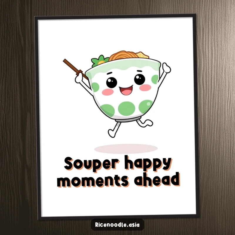 Funny Free Printable Wall Art: A happy ramen bowl character does a lively skip, chopsticks for arms, radiating pure, noodle-fueled happiness.