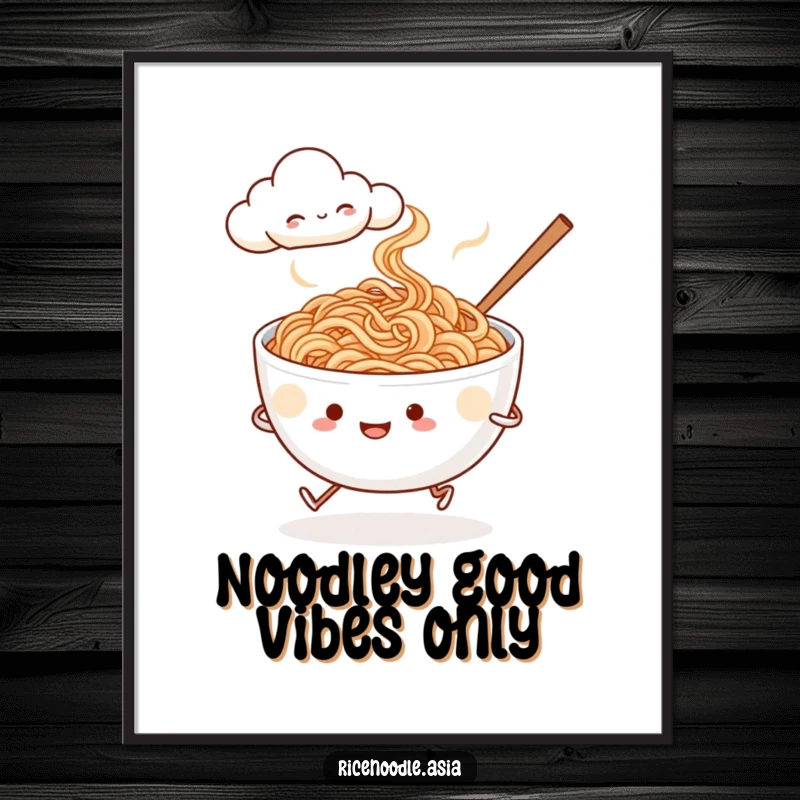 Funny Free Printable Wall Art: A steaming bowl of rice noodles with tiny legs happily jogs past a smiling stylized cloud.