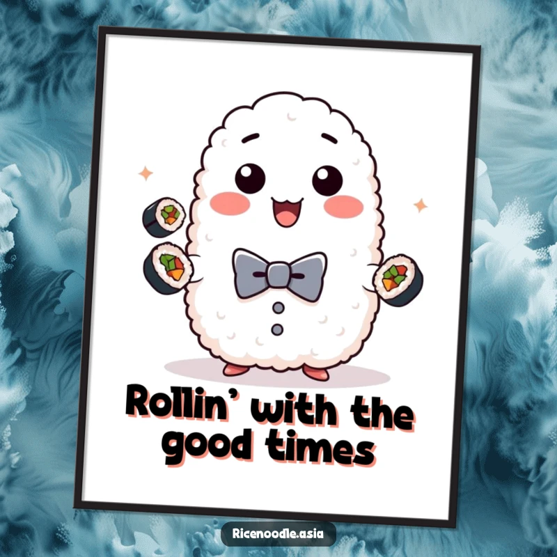 Funny Free Printable Wall Art: A playful lump of sticky rice wearing a bow tie juggles mini sushi rolls with charm.