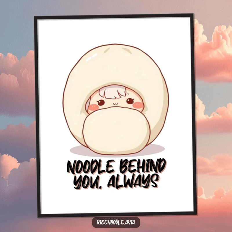 Funny Free Printable Wall Art: Shy rice noodle peeking behind a dumpling, rosy cheeks, cute food illustration ready to hang.
