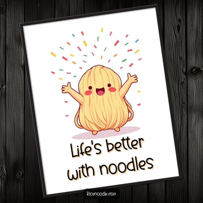 Funny Free Printable Wall Art: A whimsical noodle bundle stretches arms wide, celebrating joyously under a shower of colorful confetti.