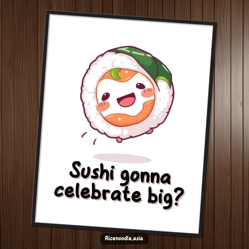 Funny Free Printable Wall Art: A wiggling sushi roll with its nori wrapper energetically does a cartwheel, bringing playful vibes.