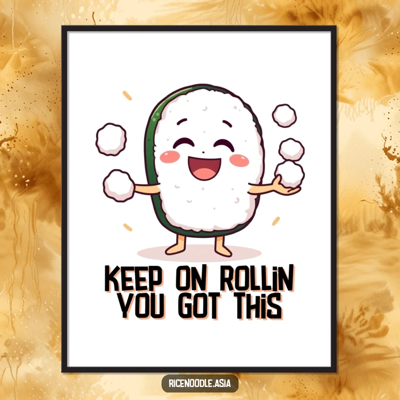 Funny Free Printable Wall Art: A grinning sushi roll character enthusiastically juggling small rice balls, radiating fun and excitement.