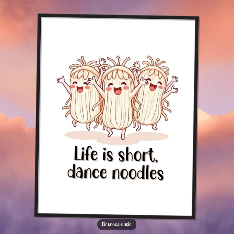 Funny Free Printable Wall Art showing a group of cheerful rice noodles doing a hilarious synchronized dance.