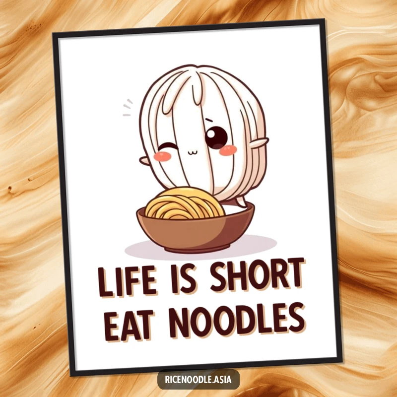 Funny Free Printable Wall Art: A wiggling rice noodle character comically tripping over a smaller noodle, creating a humorous scene.