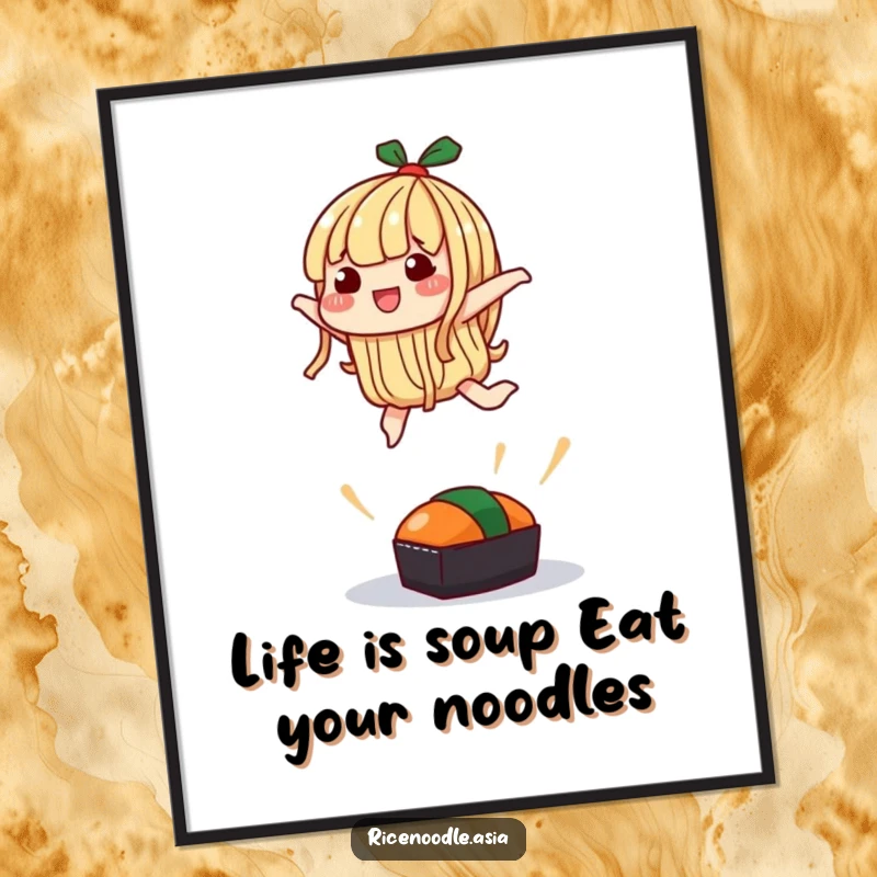 Funny Free Printable Wall Art: A noodle character attempts a silly jump over a small sushi, creating a humorous and dynamic scene.