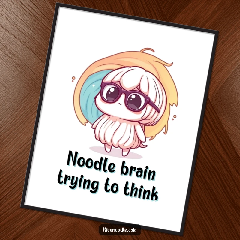 Funny Free Printable Wall Art of a rice noodle character with huge glasses, staring confusedly at a swirling vortex.