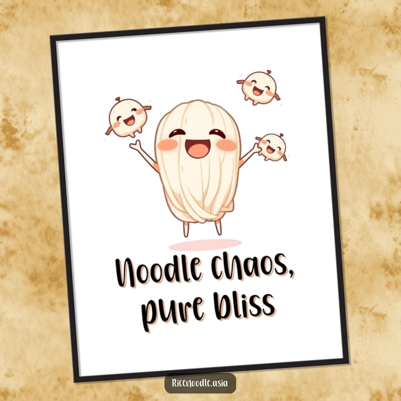 Funny Free Printable Wall Art: Laughing rice noodle juggling, vibrant food illustration, playful and energetic decor art.