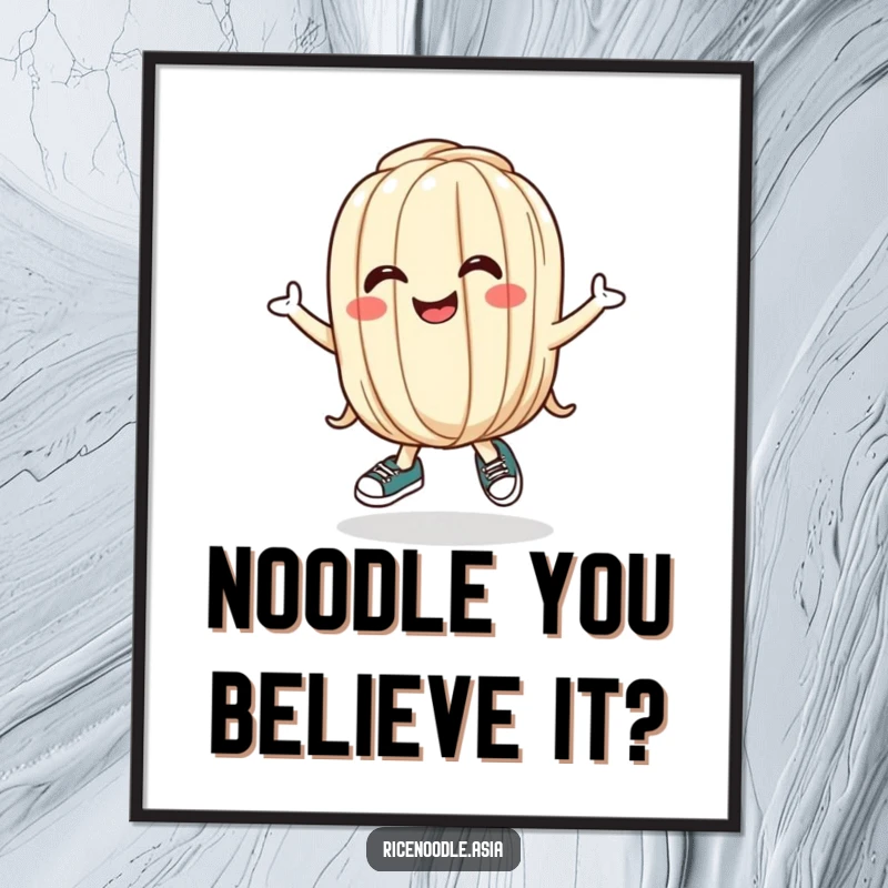 Funny Free Printable Wall Art: A cartoony udon noodle with tiny shoes and a silly grin bounces with infectious energy and joy.