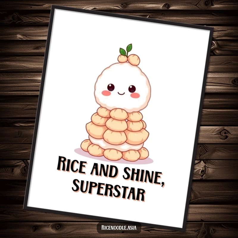 Funny Free Printable Wall Art: A grinning rice ball character masterfully balances a huge tower of tiny dumplings, looking pleased.