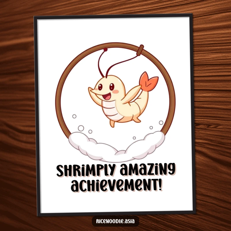 Funny Free Printable Wall Art: A cheerful tempura shrimp leaps through a hoop of steam, depicting a moment of culinary acrobatics.