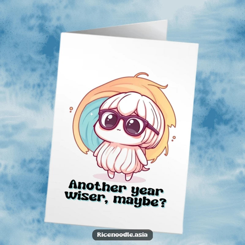 Funny Free Printable Birthday Card with a confused rice noodle character in big glasses facing a swirling vortex.