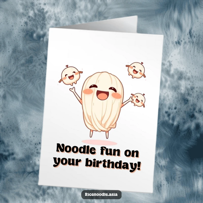 Funny Free Printable Birthday Card: Laughing rice noodle juggling three smaller smiling noodles, festive food action, joyful art.