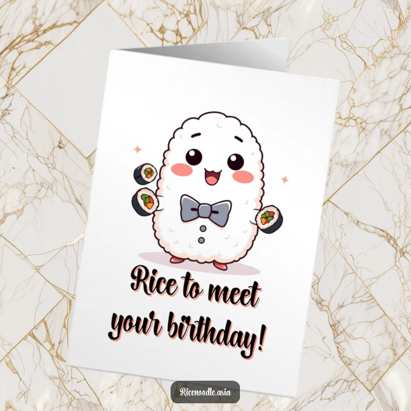 Funny Free Printable Birthday Card: A sticky rice lump in a bow tie juggles mini sushi rolls, celebrating with flair.