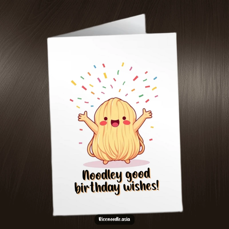 Funny Free Printable Birthday Card: Whimsical noodle bundle gleefully catching falling confetti, spreading pure joy and humor.