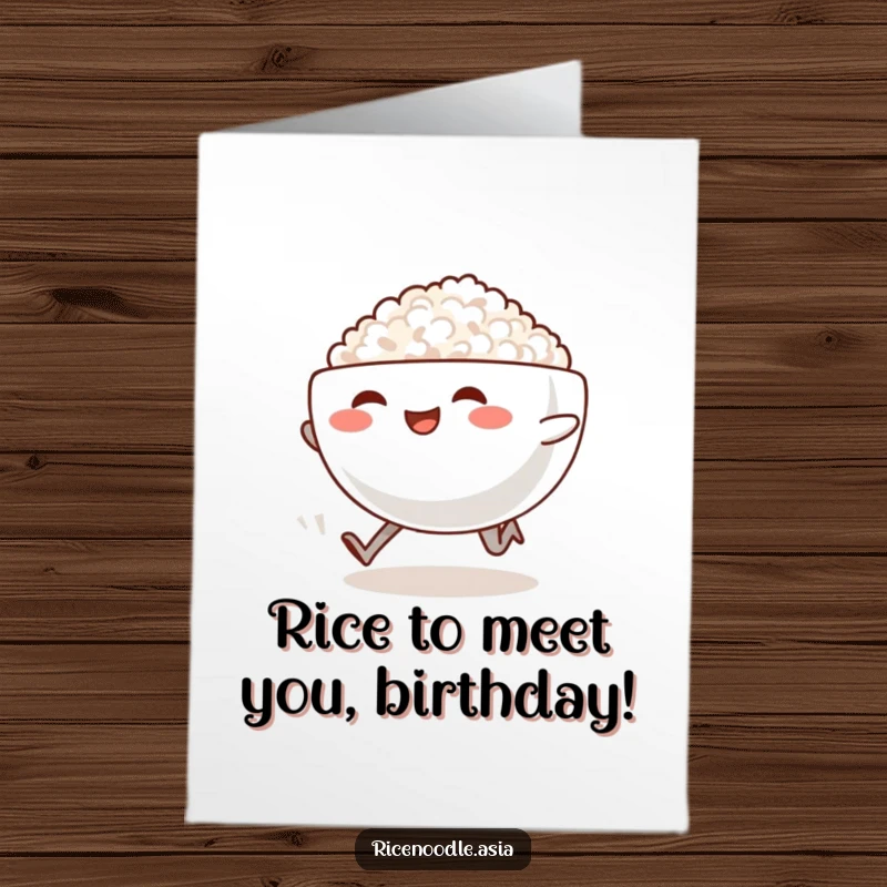 Funny Free Printable Running Rice Bowl Birthday Card, a smiling bowl on little legs sprinting energetically with a trail of steam.