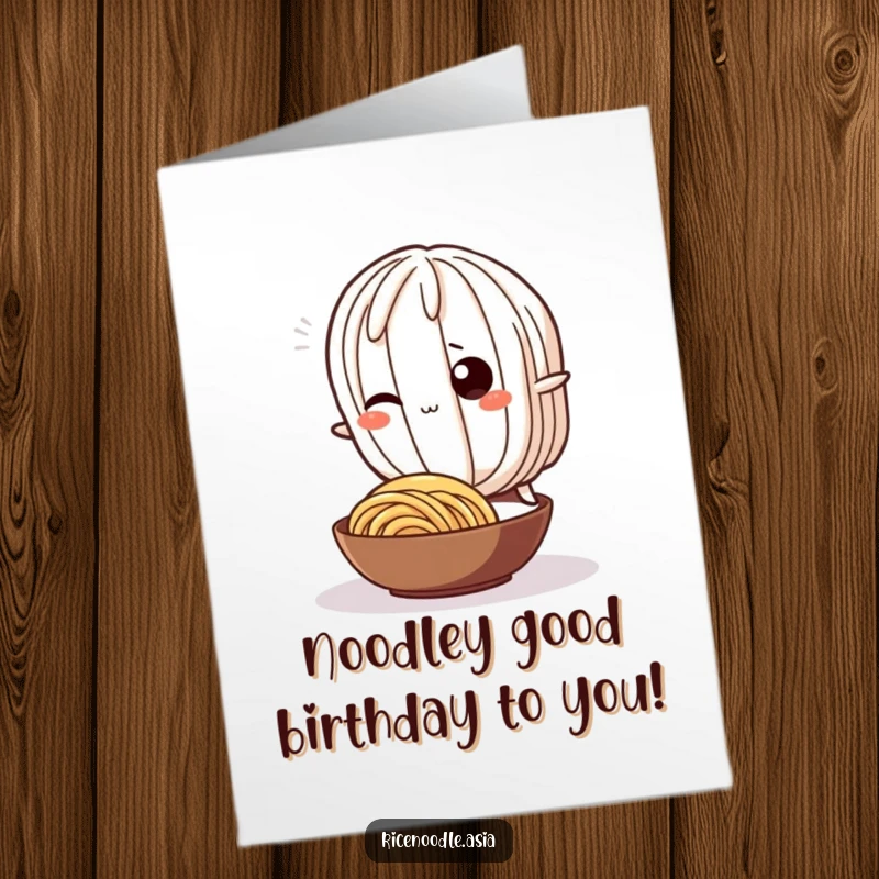 Funny Free Printable Noodle Birthday Card: A wiggling rice noodle character hilariously tripping over a smaller noodle, spilling joy.