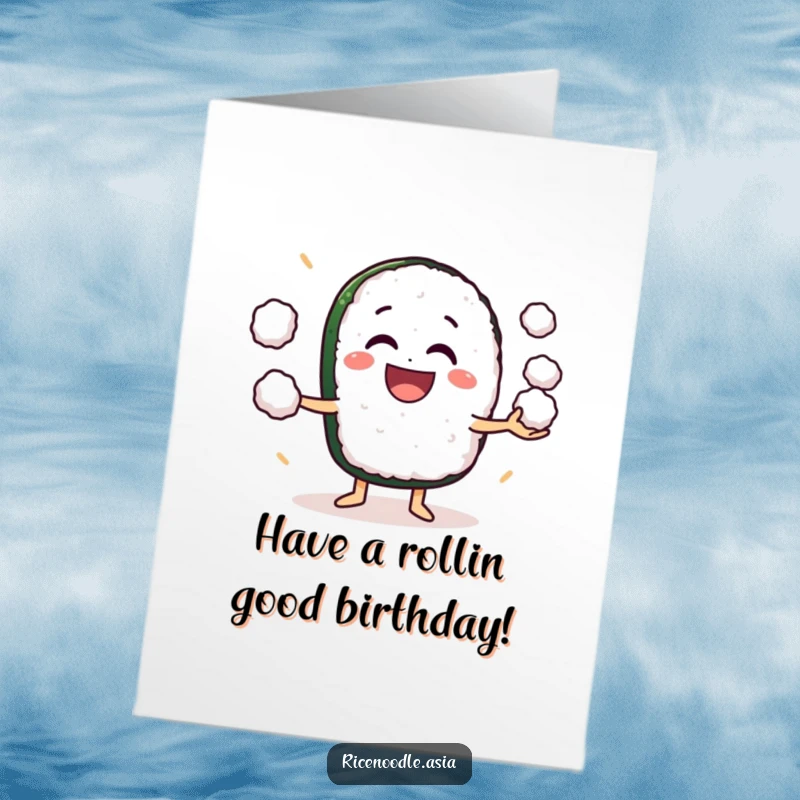 Funny Free Printable Sushi Birthday Card: A grinning sushi roll character enthusiastically juggling small rice balls, celebrating happily.
