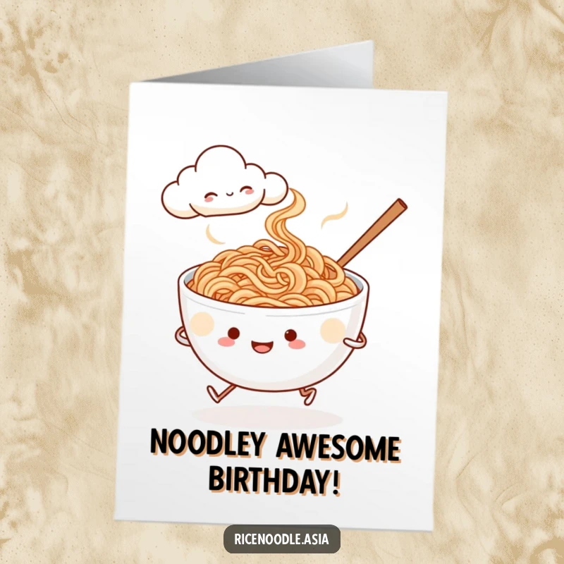 Funny Free Printable Birthday Card: A steaming bowl of rice noodles with tiny legs jogs happily past a smiling cloud.