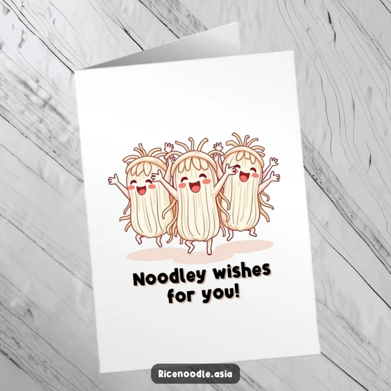 Funny Free Printable Birthday Card with cheerful rice noodles doing a synchronized dance with big arm movements.