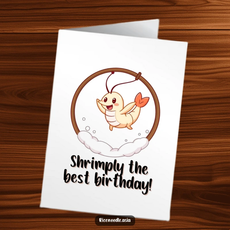 Funny Free Printable Birthday Card: A cheerful tempura shrimp leaps through a steam hoop, celebrating with energetic flair and excitement.